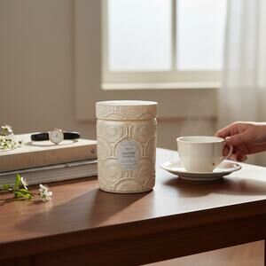 Leoben Leather Santal Candle White Opaque Cut Glass Jar 18oz 80 Hr TikTok Viral